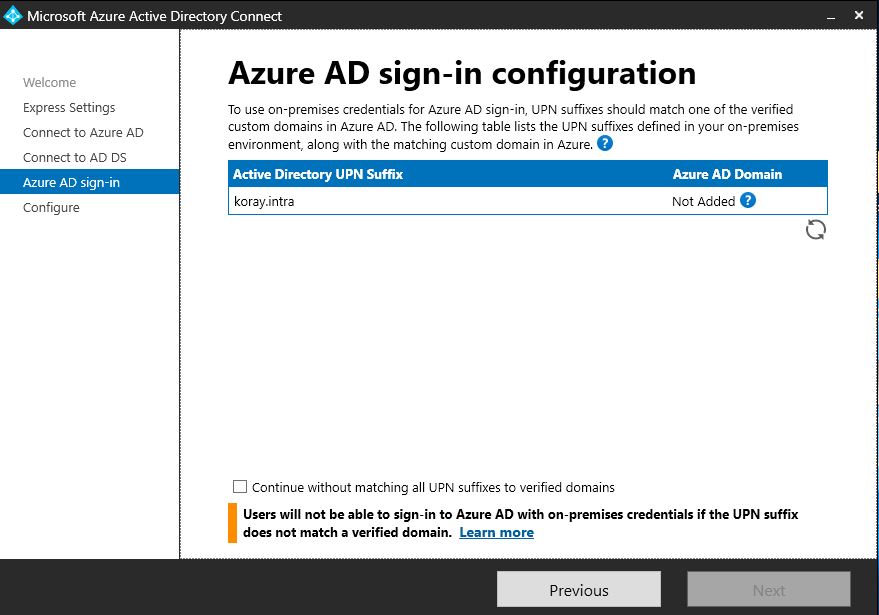 Azure AD Connect sign in configuration